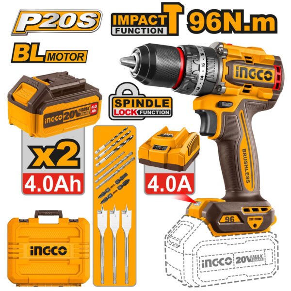 Perceuse à percussion sans fil Ingco 20 V au lithium-ion 96 Nm, kit sans balais CIDLI20968