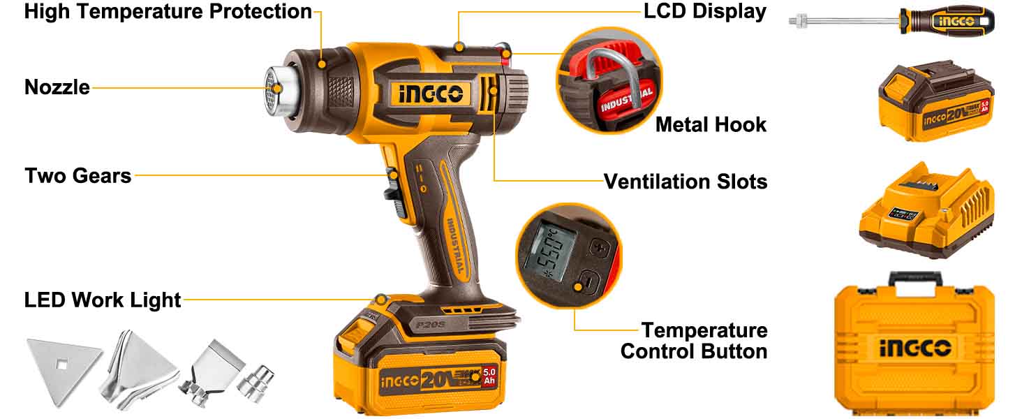 Pistolet thermique sans fil INGCO 20 V 30-300 °C/30-550 °C Température réglable avec écran LCD pour un contrôle précis HGLI20035 – Image 2