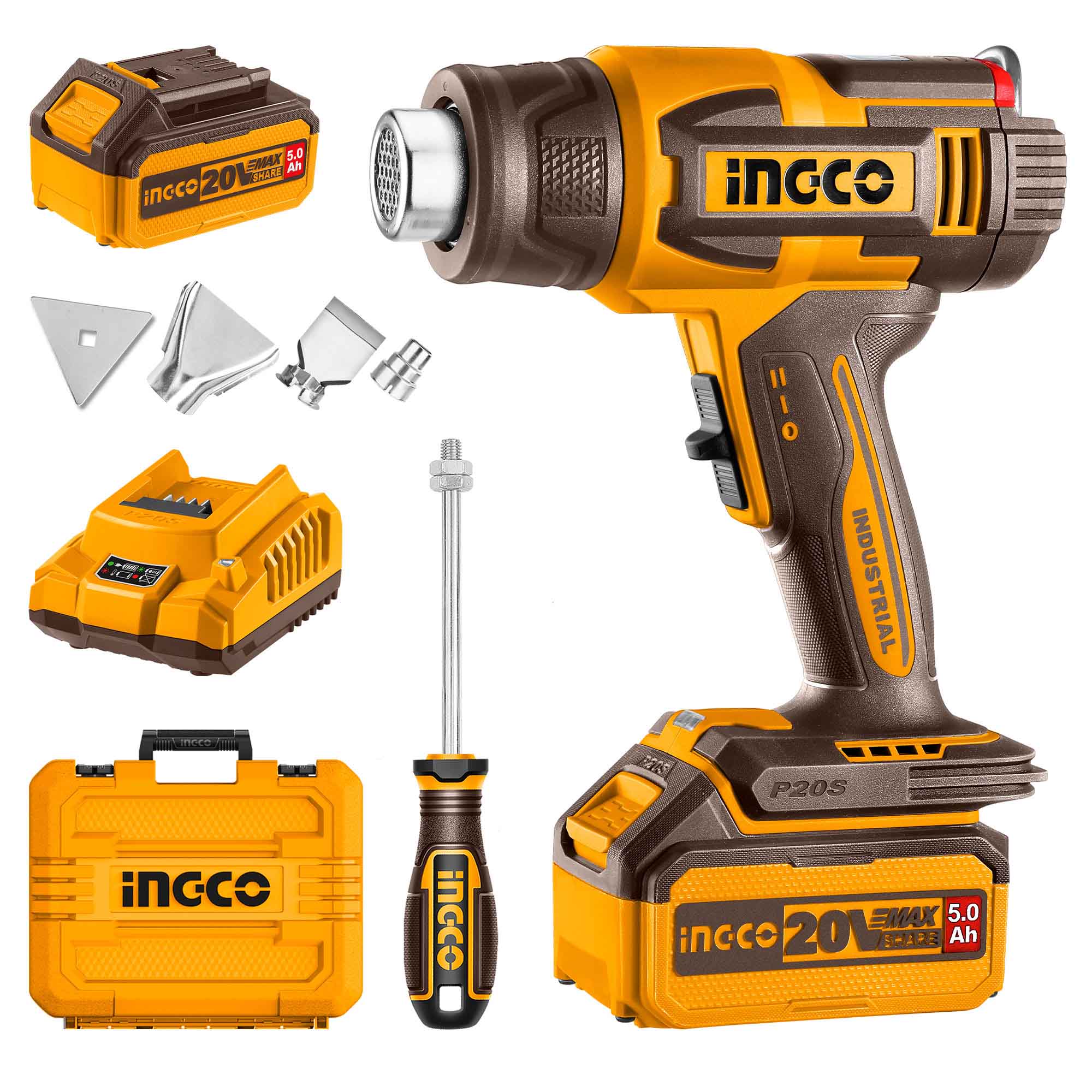 Pistolet thermique sans fil INGCO 20 V 30-300 °C/30-550 °C Température réglable avec écran LCD pour un contrôle précis HGLI20035