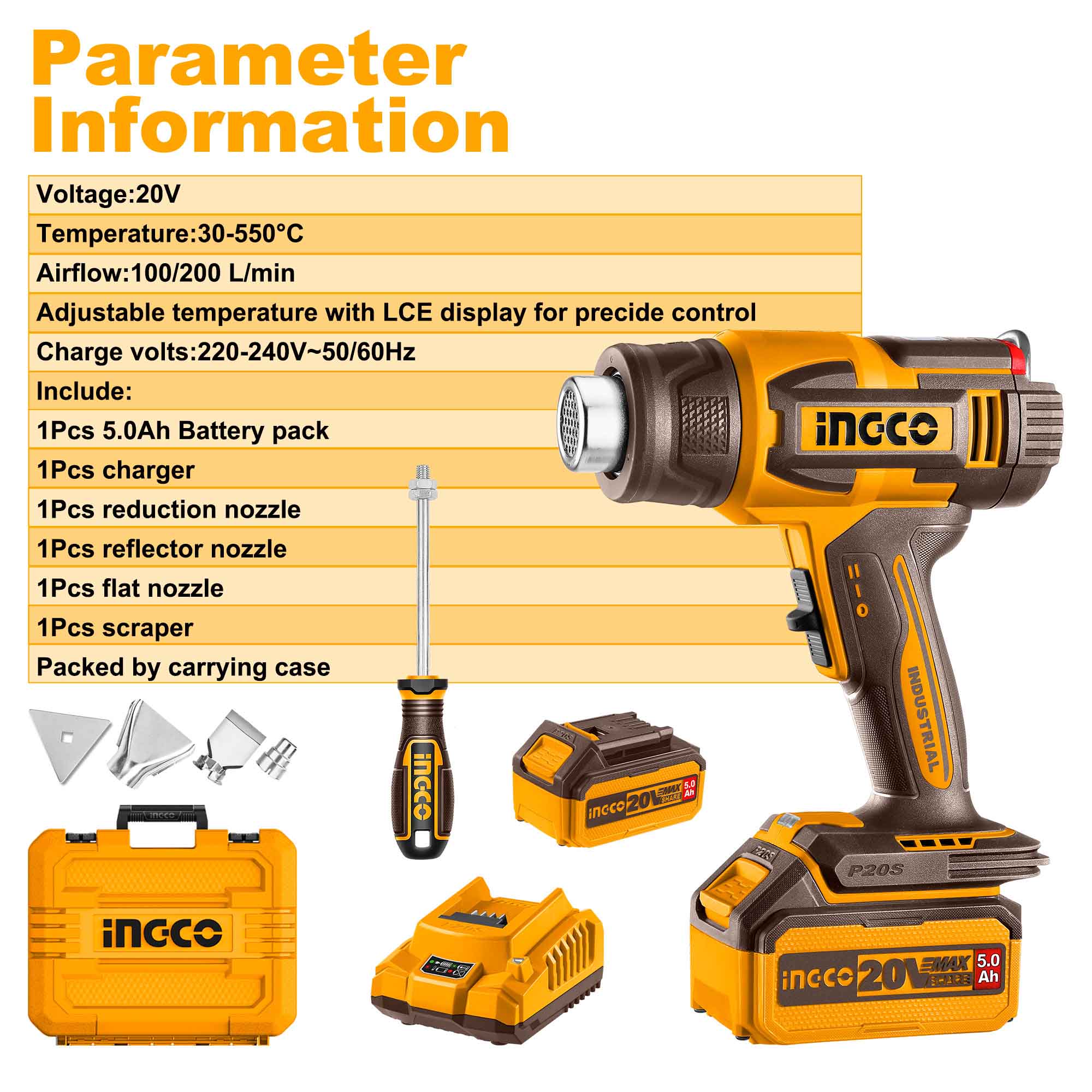 Pistolet thermique sans fil INGCO 20 V 30-300 °C/30-550 °C Température réglable avec écran LCD pour un contrôle précis HGLI20035 – Image 5