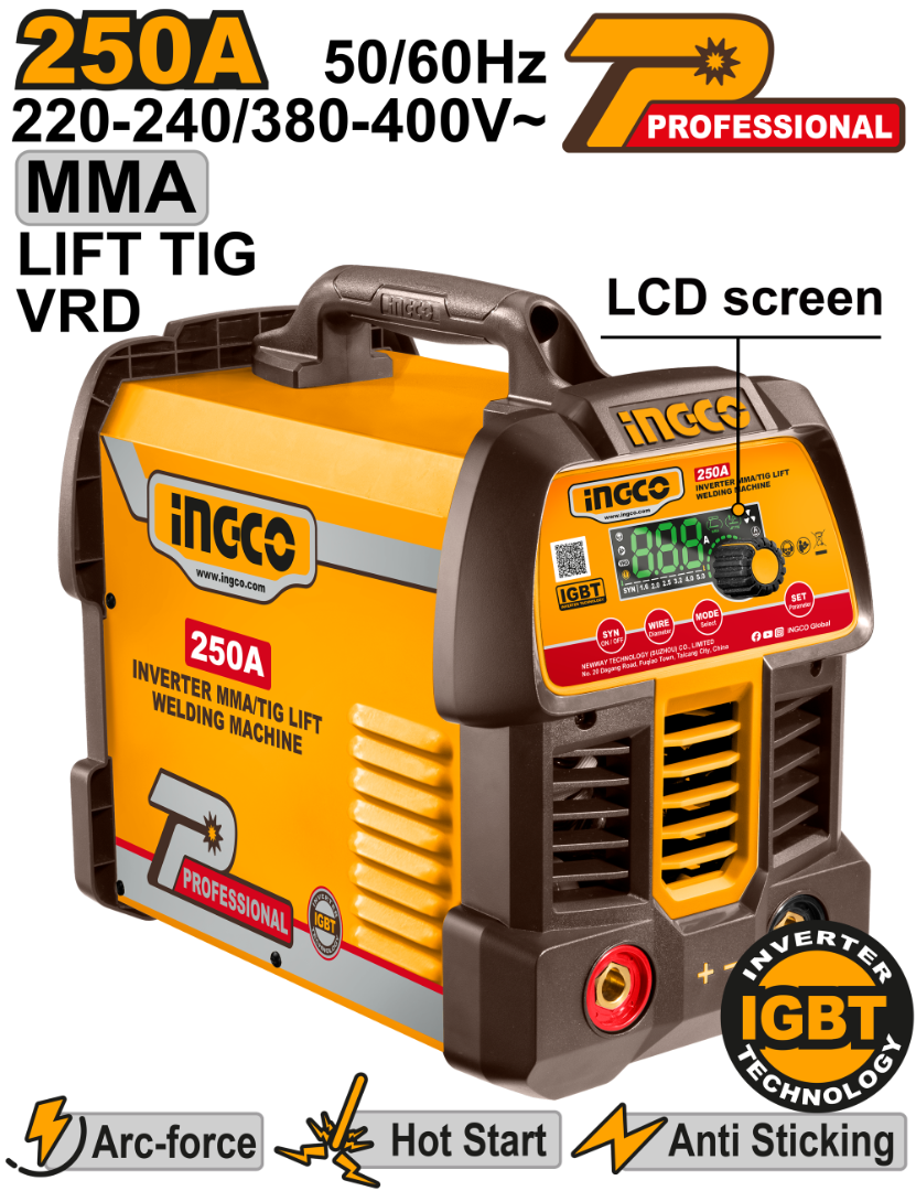 Poste à souder Inverter MMA/TIG Lift 250 A 220-240/380-400 V IGBT INGCO ING-MMA25089