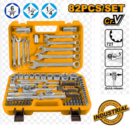 Jeu de 82 clés à cliquet INGCO 1/2" et 1/4" pour usage industriel HKTS42802