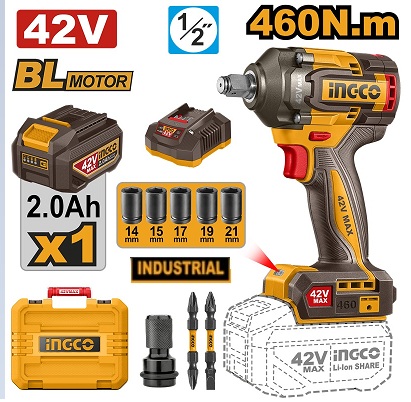 Clé À Chocs INGCO 42 V BL 460 Nm 1 X 2,0 Ah Et Étui CIWLI42461
