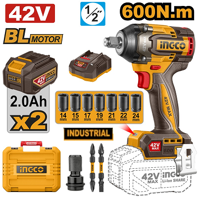 Clé À Chocs INGCO 42 V BL 600 Nm 2 X 2,0 Ah Et Étui CIWLI42602