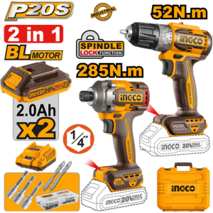 Ensemble perceuse a choc + visseuse à percussion avec 2 batteries Li-Ion 20V/2 x 2 A INGCO CKLI20272