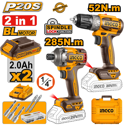 Ensemble perceuse a choc + visseuse à percussion avec 2 batteries Li-Ion 20V/2 x 2 A INGCO CKLI20272