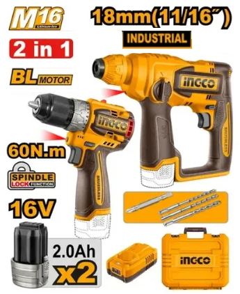 Ensemble marteau perforateur et perceuse 16V INGCO COSLI241295