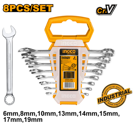 Jeu de 8 clés mixtes INGCO HKSPA1088-I - 6-19 mm, polies finement
