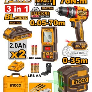 KIT 3PCS PERCEUSE À PERCUSSION 76NM + NIVELEUR LASER + ENSEMBLE DE 70 MÈTRES INGCO COSLI250511