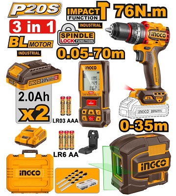 KIT 3PCS PERCEUSE À PERCUSSION 76NM + NIVELEUR LASER + ENSEMBLE DE 70 MÈTRES INGCO COSLI250511