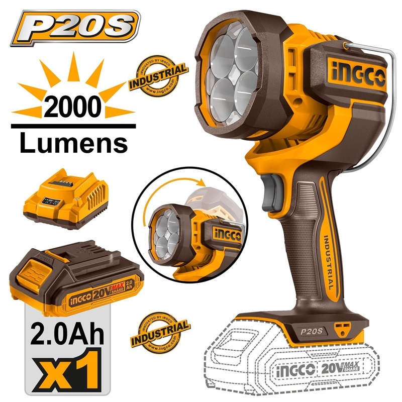 Lampe LED De Travail INGCO 20 V Li-Ion 22,5 W 2 000 Lumens Chargeur 1 X 2,0 Ah CWLI20881
