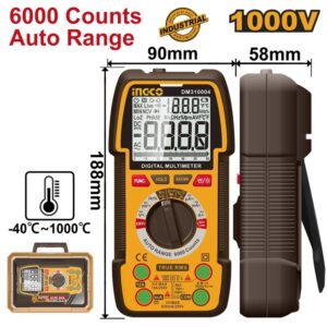 MULTIMÈTRE NUMÉRIQUE INGCO 1000 V 6000 POINTS GAMME AUTOMATIQUE DM310004