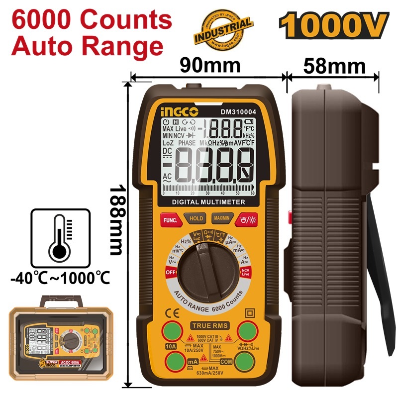 MULTIMÈTRE NUMÉRIQUE INGCO 1000 V 6000 POINTS GAMME AUTOMATIQUE DM310004