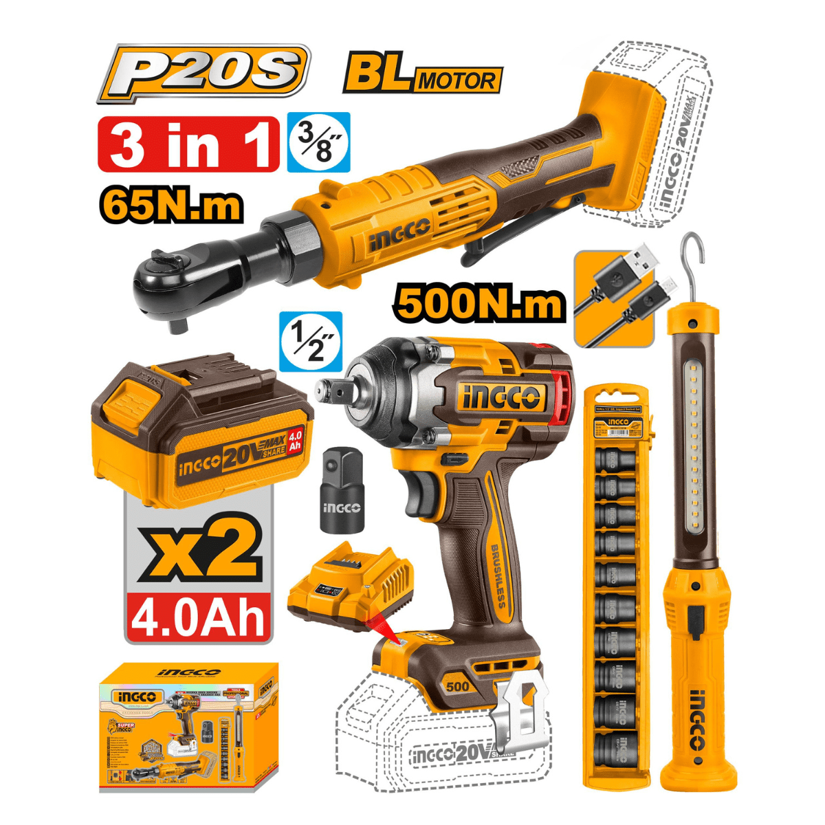 Kit INGCO combiné sans fil 3 pièces 500Nm COSLI240461