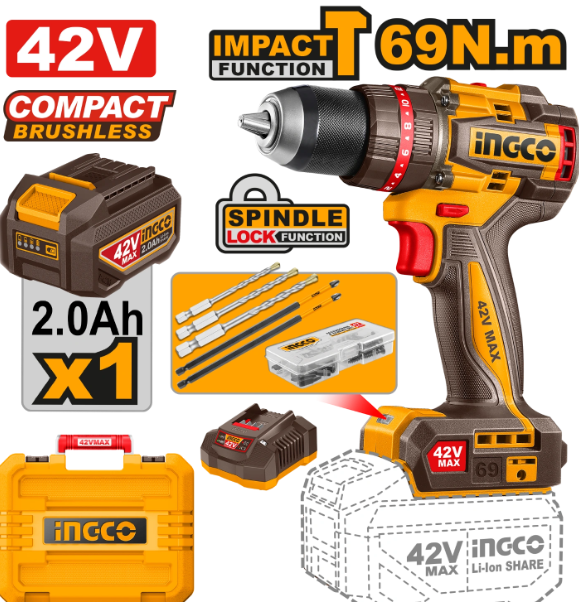 Perceuse à percussion sans fil compacte sans balais INGCO CIDLI426981
