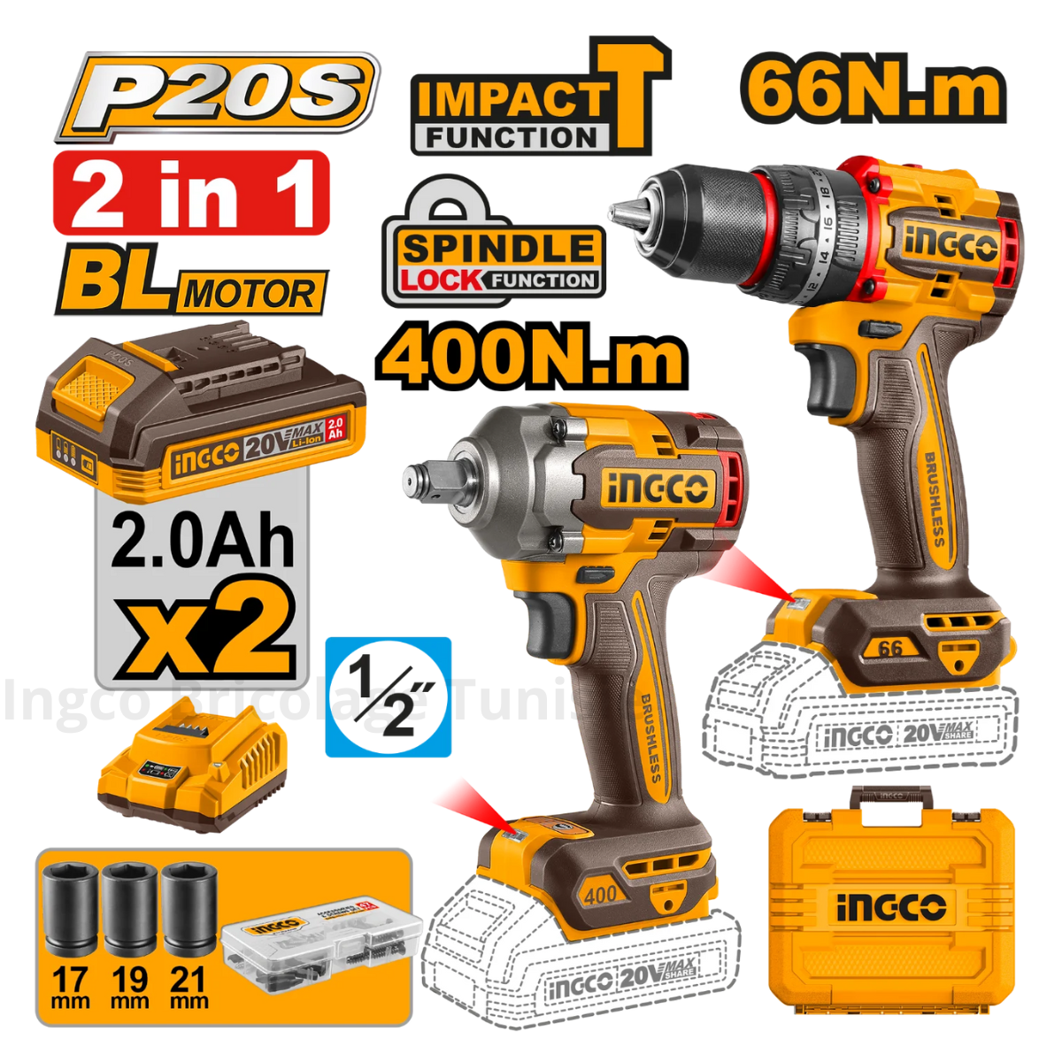 Kit combiné sans fil 2 pièces INGCO CKLI20275