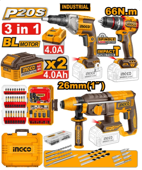 Ensemble din 3 scule cu accumulateur INDUSTRIEL INGCO COSLI250591