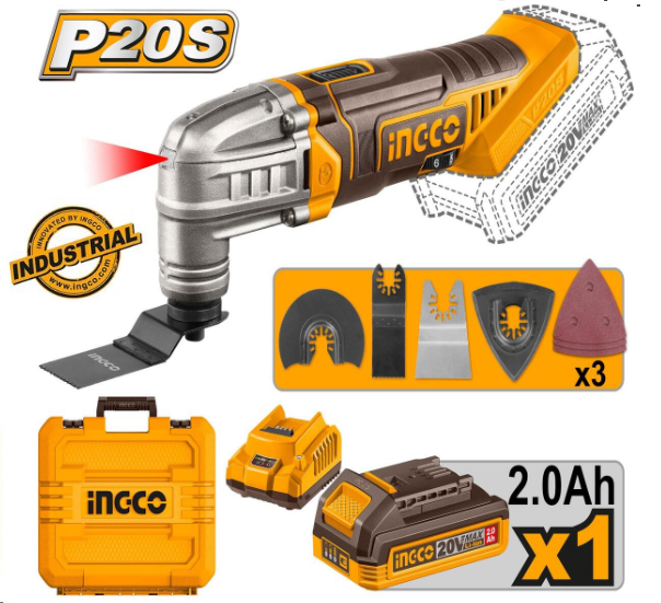 Outil multifonction sans fil INGCO, 6 vitesses, avec lames et papier abrasif, batterie et chargeur inclus CMLI20228