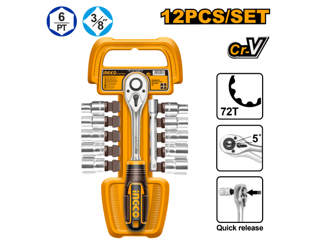 ENSEMBLE DE 12 douilles CLés A CLICKET + CR-V 3/8" INGCO HKTS38122