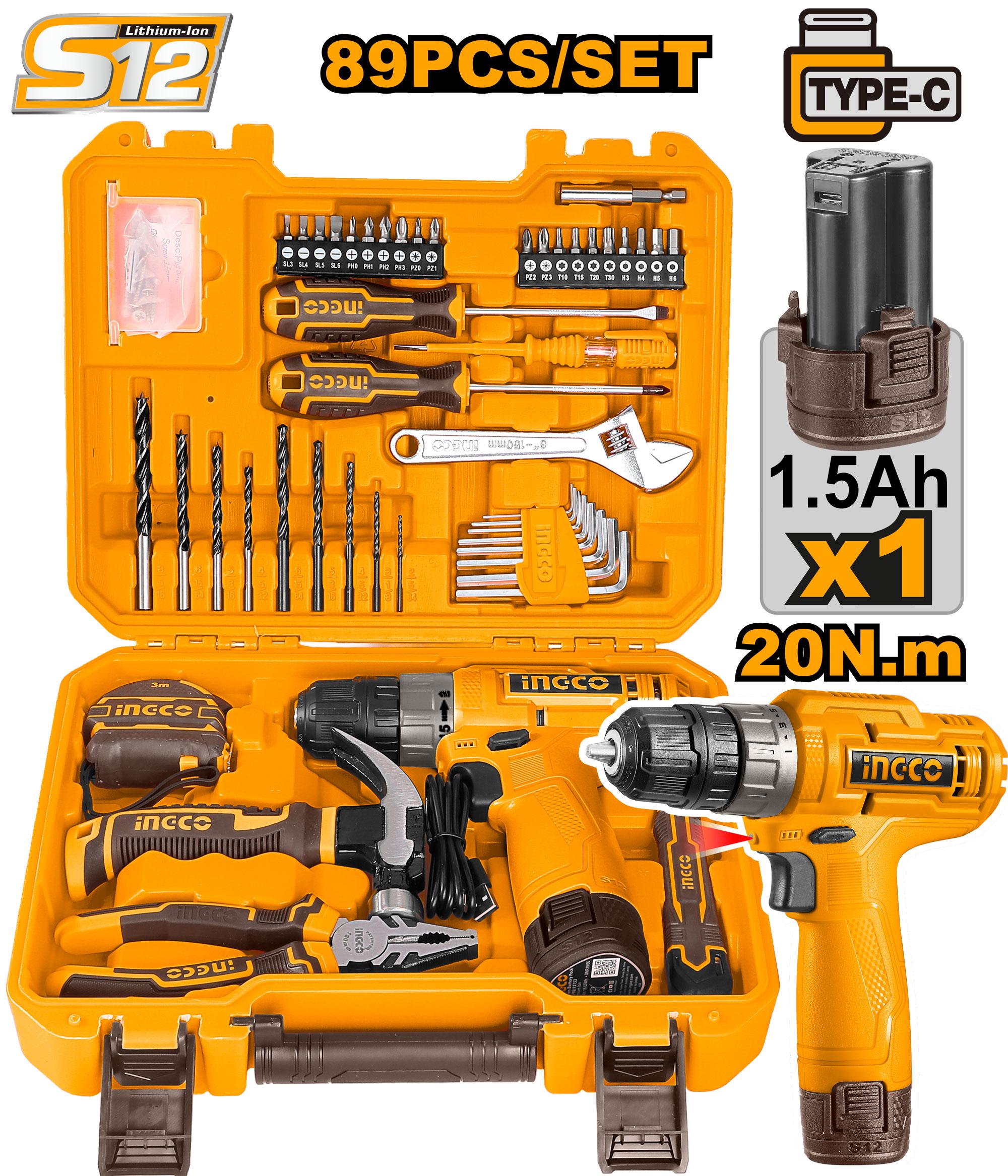 Ensemble d'outils 89pcs visseuse 12v HKTHP10891 INGCO