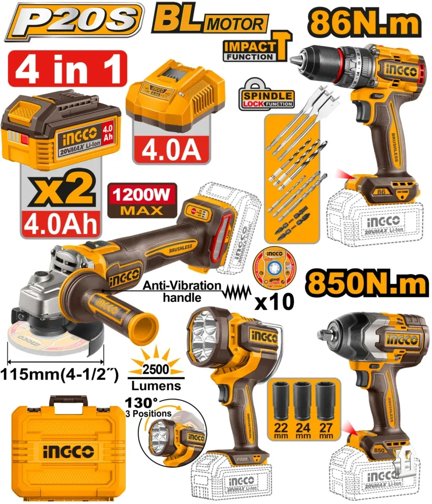 Ensemble de 4 pièces sans fil 20v 4ah INGCO COSLI251192