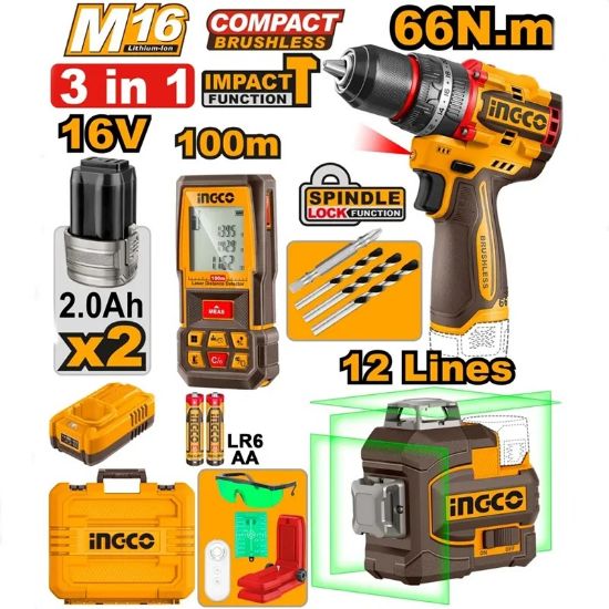 Ensemble de 1Perceuse visseuse 66nm 1 Niveau laser 12L 3D avec 2 batteries 16v et 1 Télémètre laser 100m INGCO COSLI250995