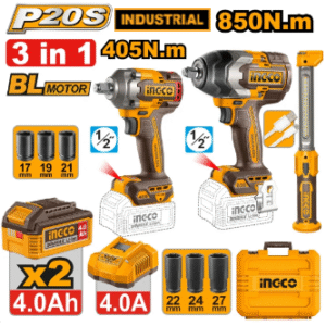 Ensemble de 2 clés à chocs haute puissance 850NM + 405NM et une lampe industrielle 20V 4,0 Ah INGCO COSLI251085