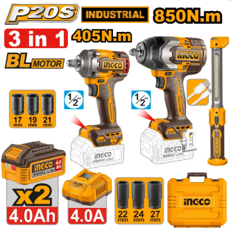 Ensemble de 2 clés à chocs haute puissance 850NM + 405NM et une lampe industrielle 20V 4,0 Ah INGCO COSLI251085