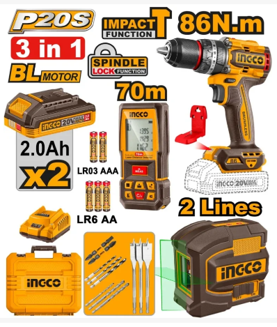 Ensemble de 3 outils avec 2 batteries INGCO de 2,0 Ah COSLI251001