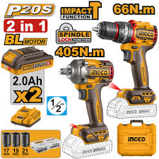 kit combiné sans fil INGCO 20V (2 outils,Perceuse 66 Nm et clé à choc 405 Nm – CKLI20286)