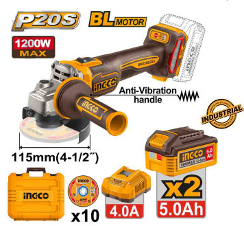 Meuleuse d'angle sans fil Ingco 20 V avec 2 batteries 5AH -1/2" 1200 W – CAGLI2120252