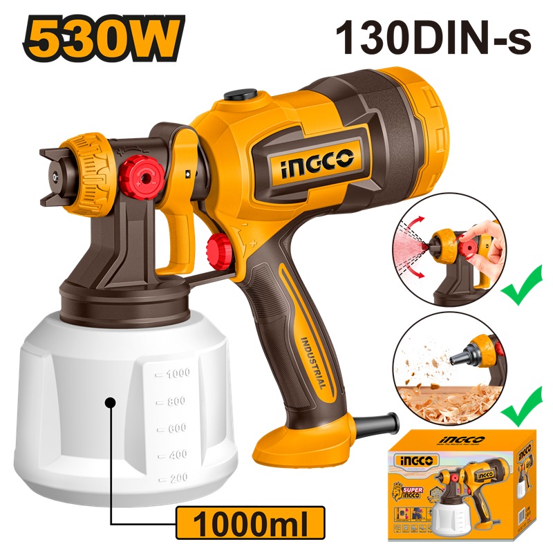 Pistolet À Peinture Électrique INGCO 530 W, Réservoir De 1000 Ml, SPG4506