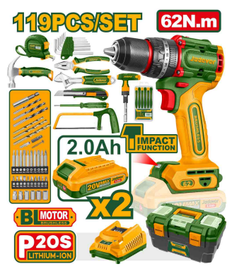 COFFRET PERCEUSE 20 V BL 62 NM 2 X 2,0 AH + COFFRET À OUTILS (119 PIÈCES) - JDDT4B119
