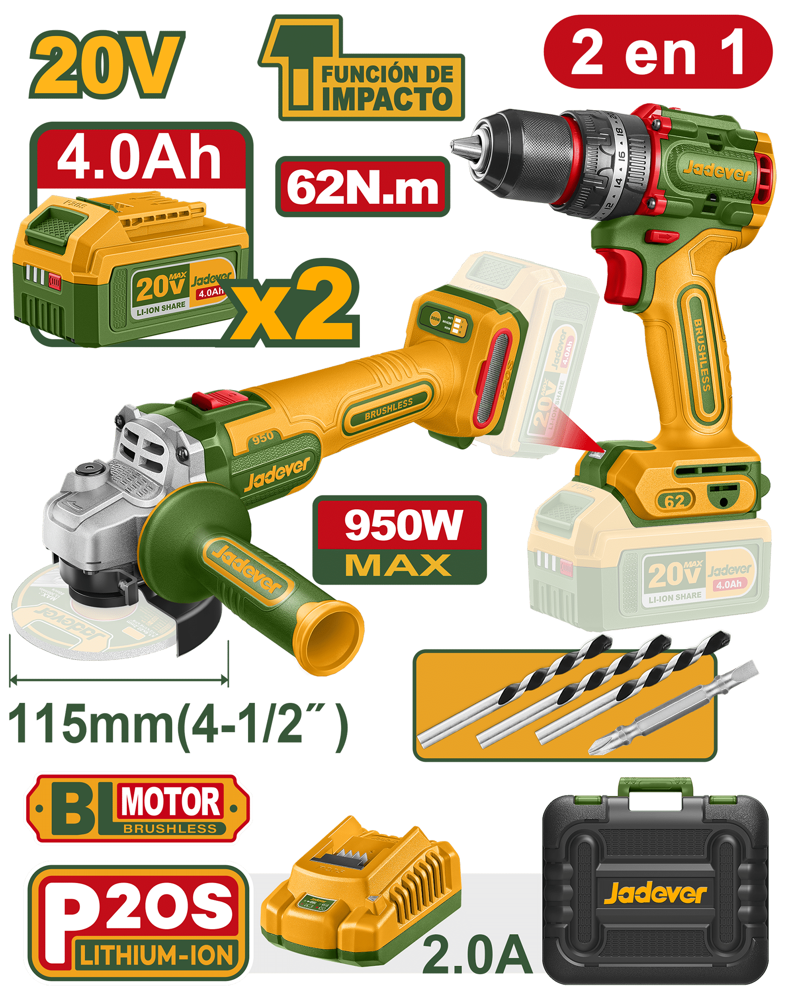 Ensemble perceuse 20 V 62 Nm + meuleuse 950 W 2 x 4,0 Ah JDCK20273 Jadever