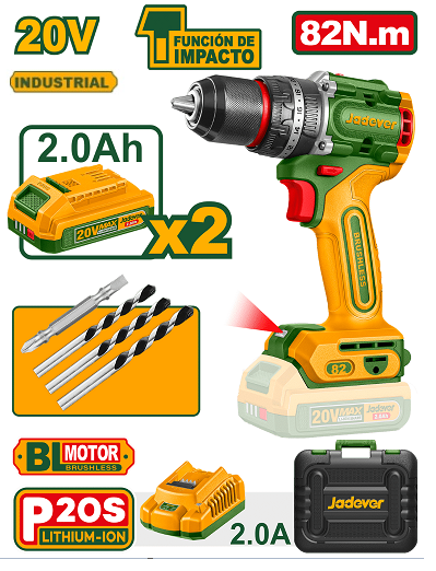 PERCEUSE À PERCUSSION JADEVER BL 20V 82NM13MM 2X2.0AH + ACCESSOIRES + COFFRET INDUSTRIEL - JDCDP8285