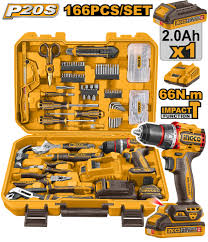 Coffret d'outils sans fil Ingco 166 pièces, perceuse à percussion 20 V, batterie 2,0 Ah, couple de 66 Nm - HKTHP41662