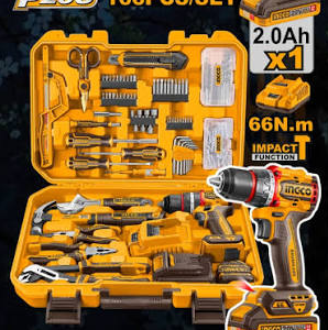 Coffret d'outils sans fil Ingco 166 pièces, perceuse à percussion 20 V, batterie 2,0 Ah, couple de 66 Nm - HKTHP41662