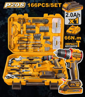 Coffret d'outils sans fil Ingco 166 pièces, perceuse à percussion 20 V, batterie 2,0 Ah, couple de 66 Nm - HKTHP41662