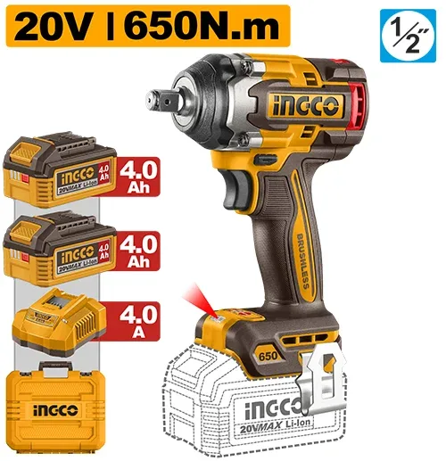 Clé à choc sans fil 20 V/2 x 4,0 Ah INDUSTRIEL 650 Nm INGCO CIWLI2065