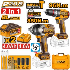 Kit combinée sans fil 2 pcs clé à choc 850Nm et visseuse perceuse 96nm ingco COSLI250586