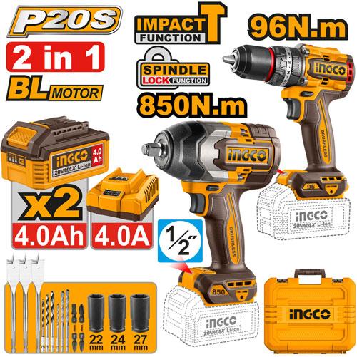 Kit combinée sans fil 2 pcs clé à choc 850Nm et visseuse perceuse 96nm ingco COSLI250586
