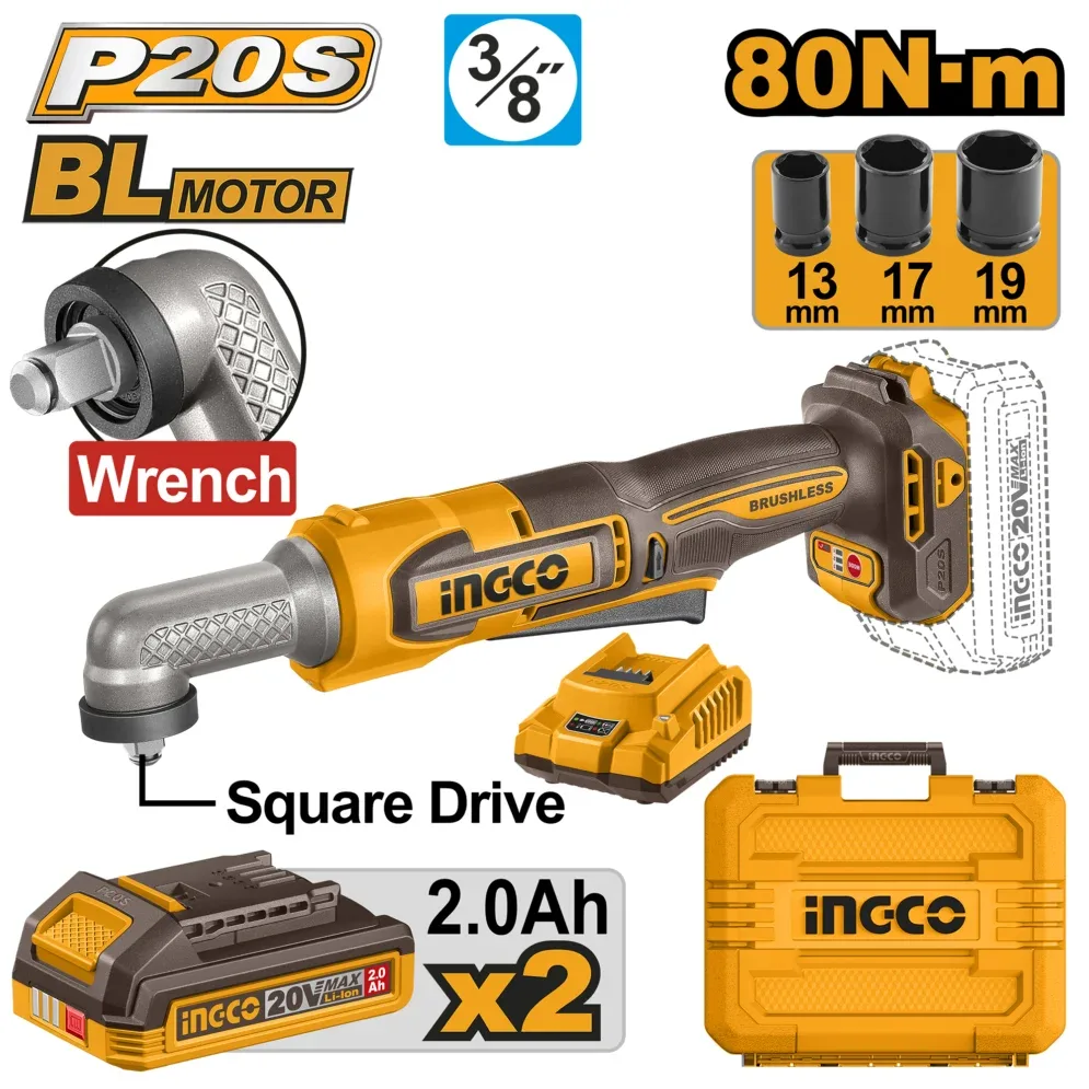 Perceuse à percussion d'angle avec batterie 20 V/2 x 2,0 Ah INGCO CAIWLI208