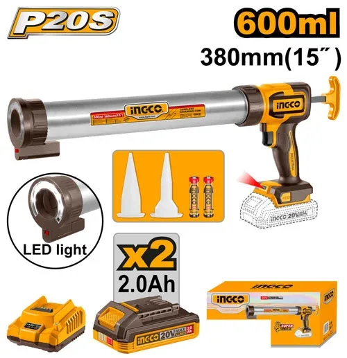 Pistolet à silicone sans fil 20 V/2 x 2,0 Ah 600 ml INGCO CCGLI20031