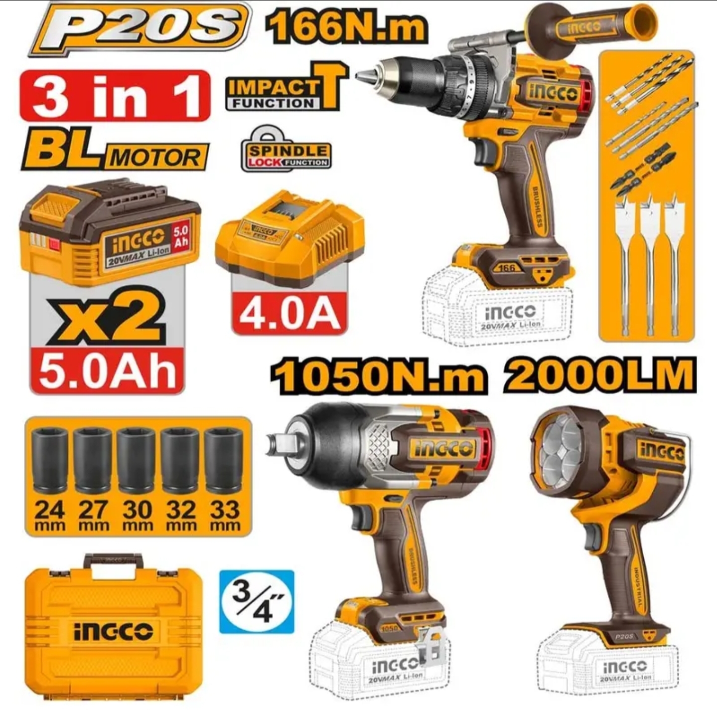 Kit combiné sans fil 3 pièces INGCO COSLI250882