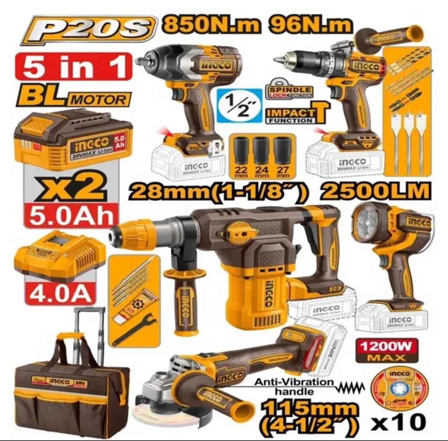 KIT D’OUTILS SANS FIL 5 PCS 20V INGCO COSLI251193