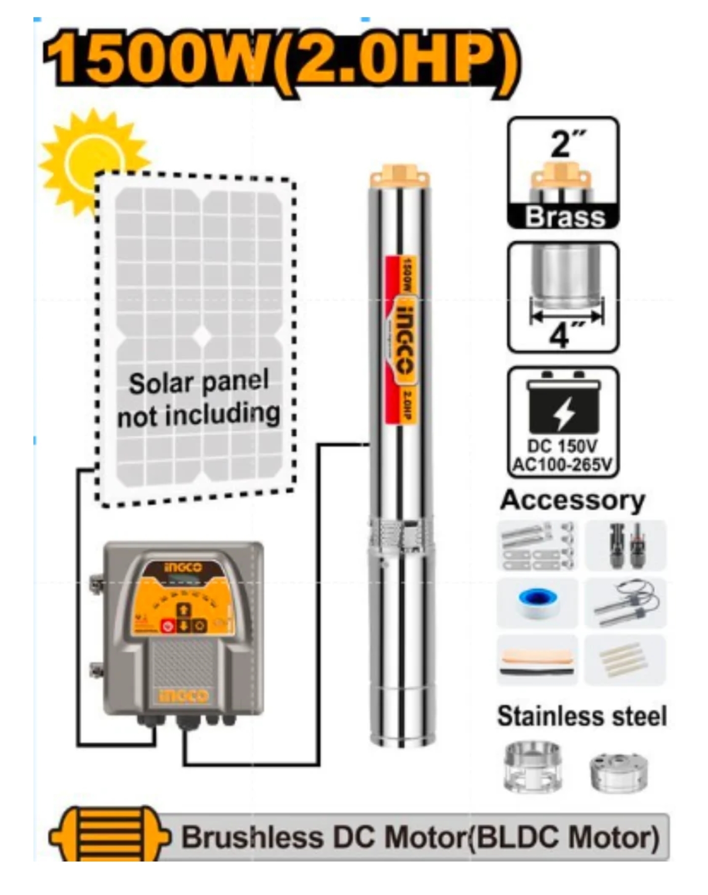 Pompe Solaire immergée 2HP moteur triphasé 1500w INGCO