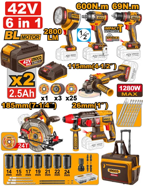 Coffret d'outils sans fil INGCO COSLI260496 (6 pièces)